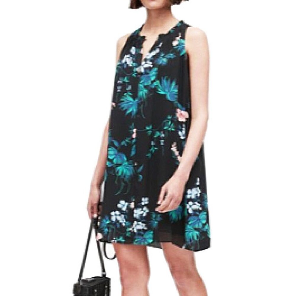 NWOT Pleated Swing Dress 14 Lined Floral Black Multi Banana Republic